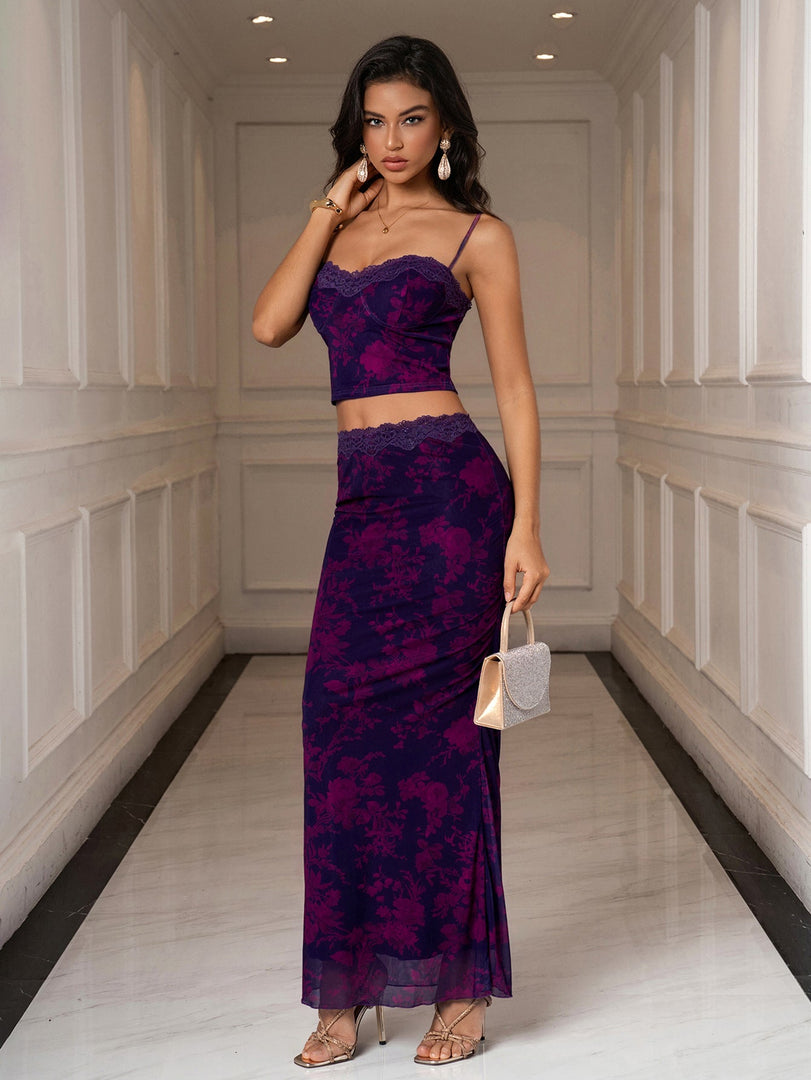 Backless Lace Trim Cami Top & Bodycon Mesh Skirt | Homecoming & Cocktail Party Two-Piece Set