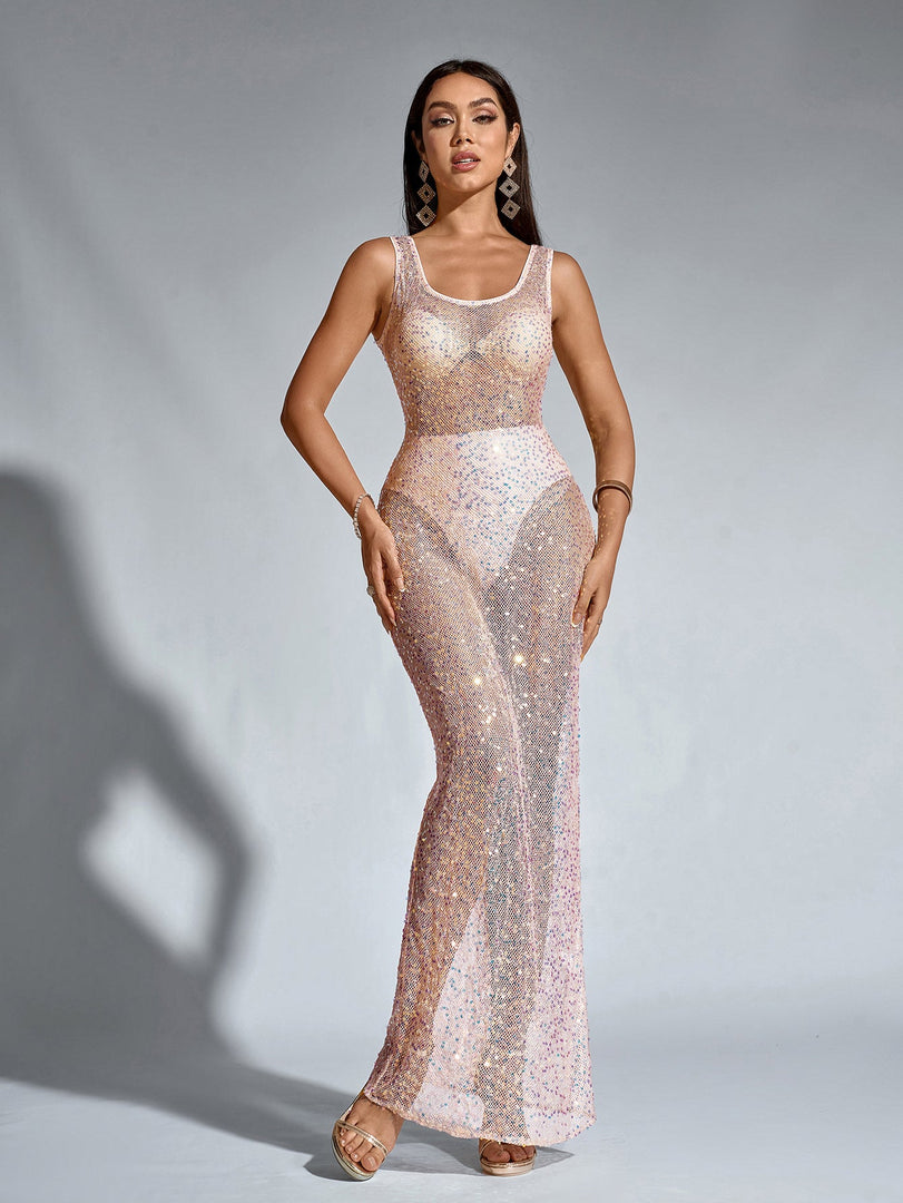 Backless Mesh Sequin Perspective Long Dress(Including Underwear) | Prom Dress, Formal Dress