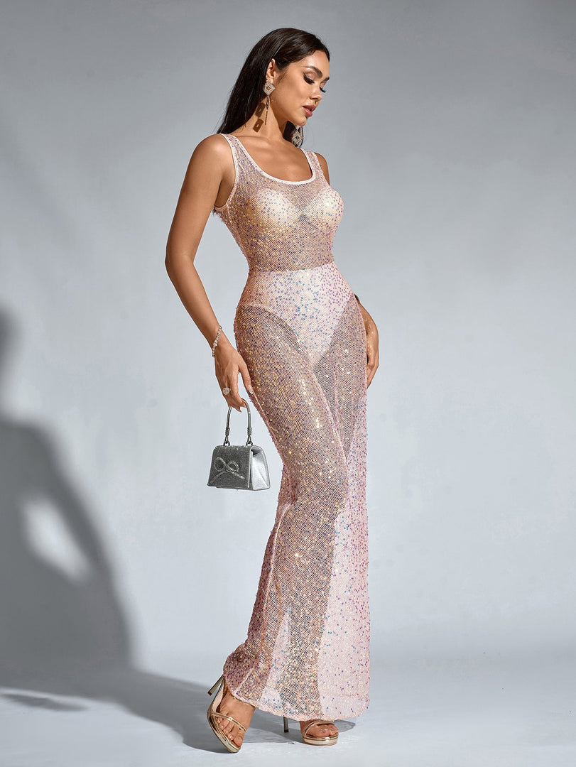 Backless Mesh Sequin Perspective Long Dress(Including Underwear) | Prom Dress, Formal Dress