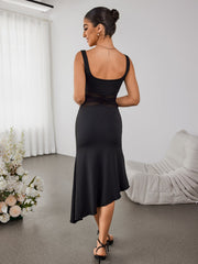 Backless Patchwork Mesh Asymmetrical Hem Dress | Prom Dress