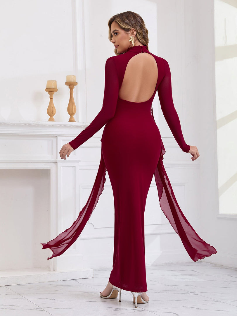 Backless Ribbon Trim Long Sleeve Mesh Dress | Vacation Dress