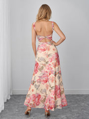 Backless Ruched Bust Floral Print Mesh Dress | Vacation Dress, Wedding Guest Dress