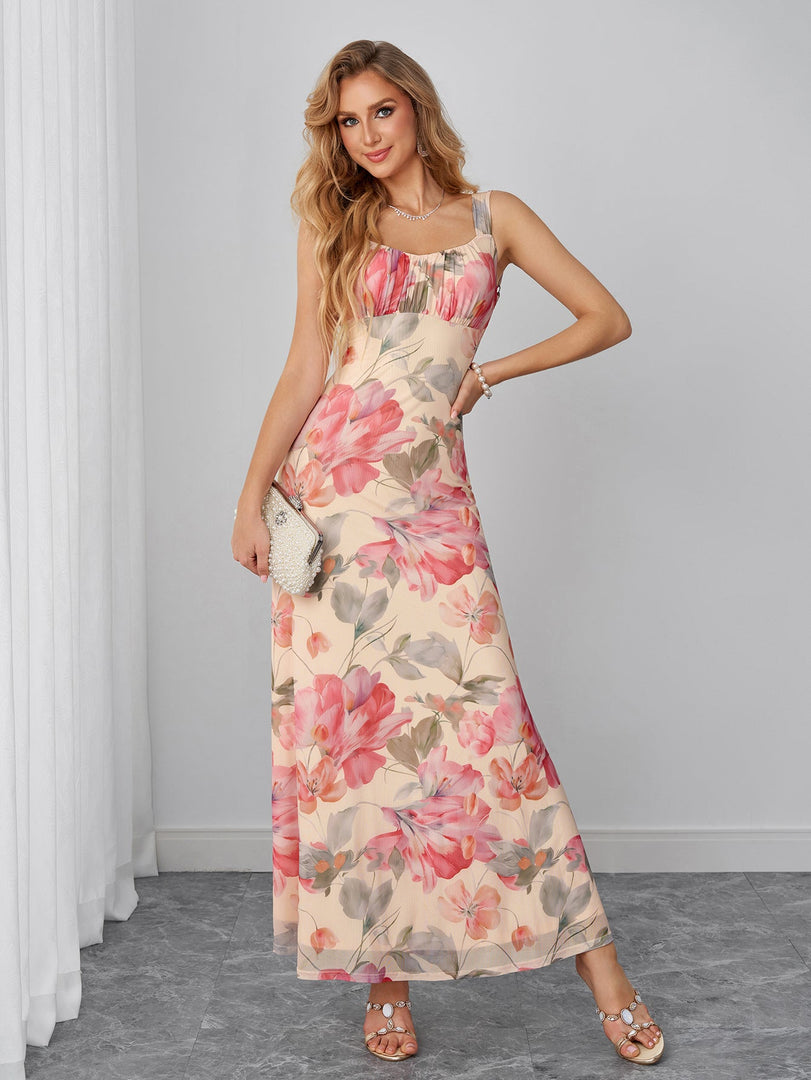 Backless Ruched Bust Floral Print Mesh Dress | Vacation Dress, Wedding Guest Dress