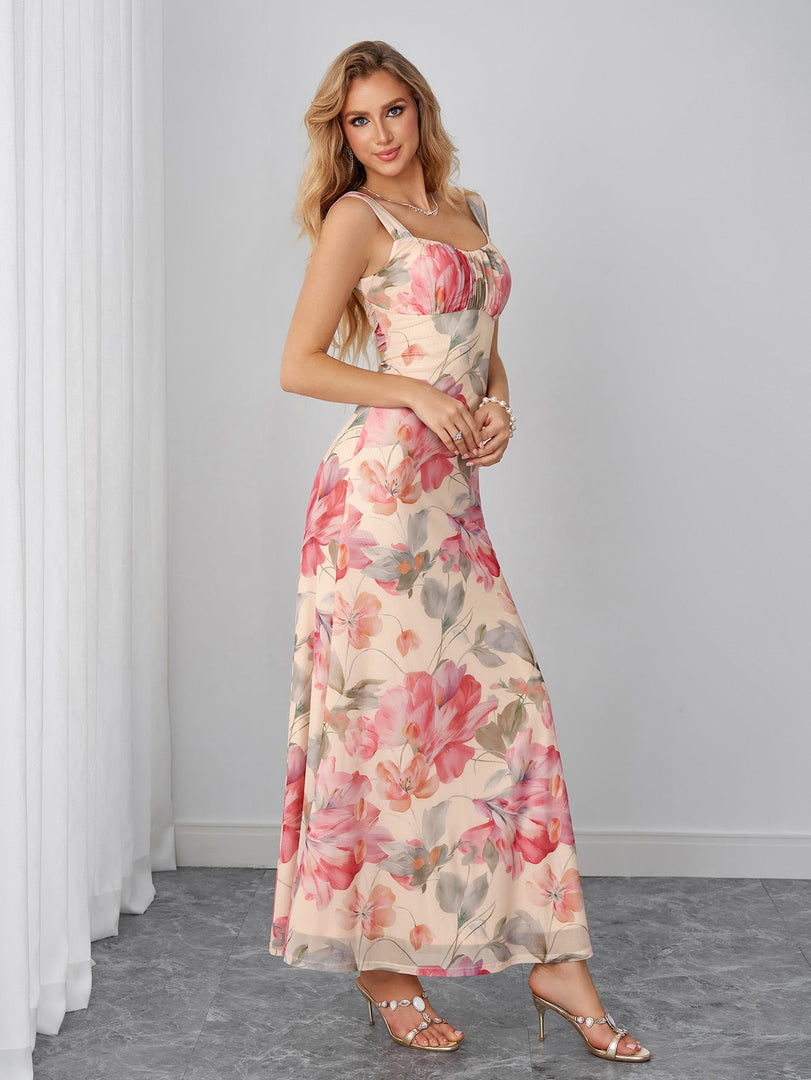 Backless Ruched Bust Floral Print Mesh Dress | Vacation Dress, Wedding Guest Dress