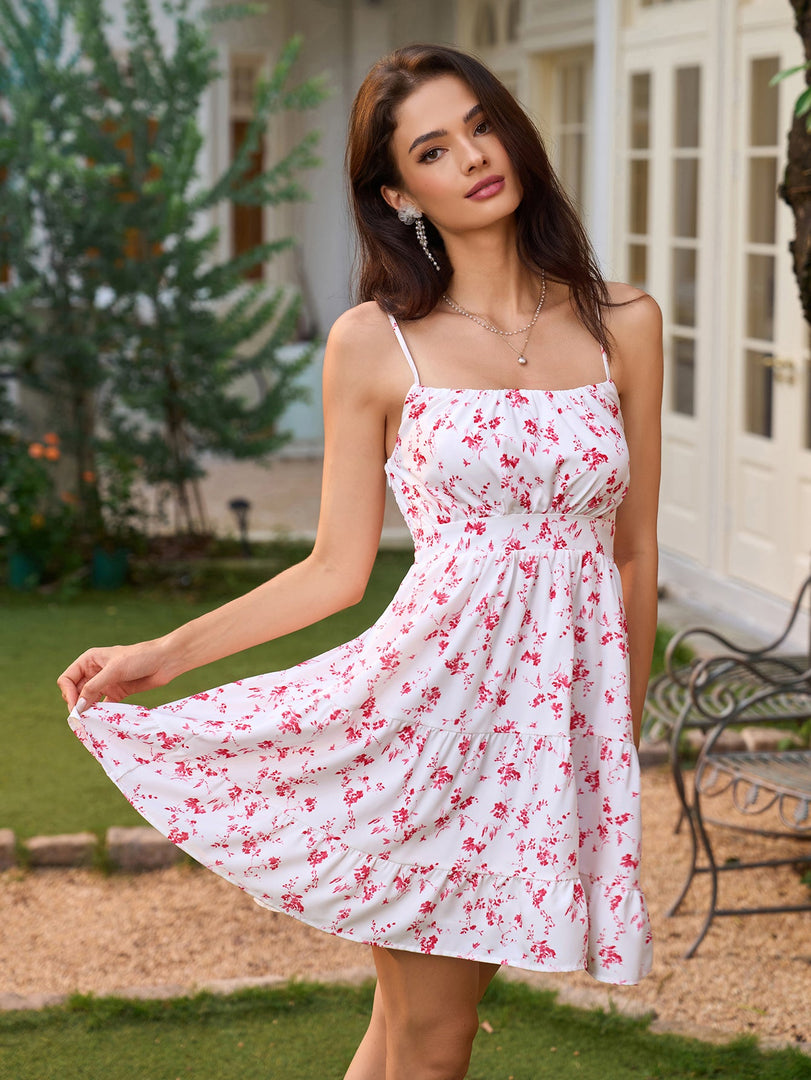 Backless Ruched Floral Print A-Line Cami Dress | Vacation Dress, Wedding Guest Dress