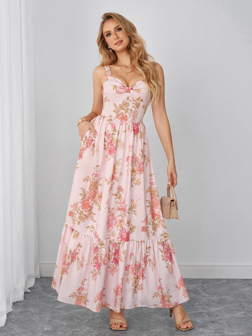 Backless Ruched Pocket Floral Print Maxi Dress | Wedding Guest Dress, Vacation Dress