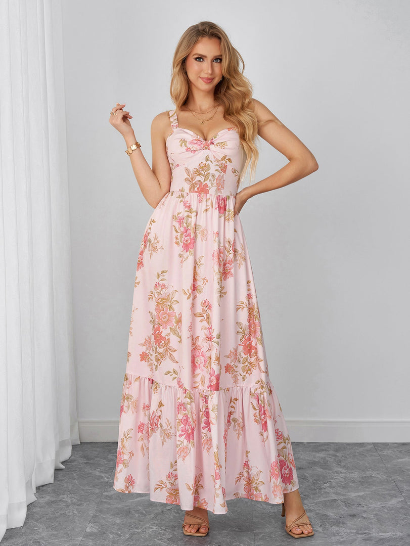 Backless Ruched Pocket Floral Print Maxi Dress | Wedding Guest Dress, Vacation Dress
