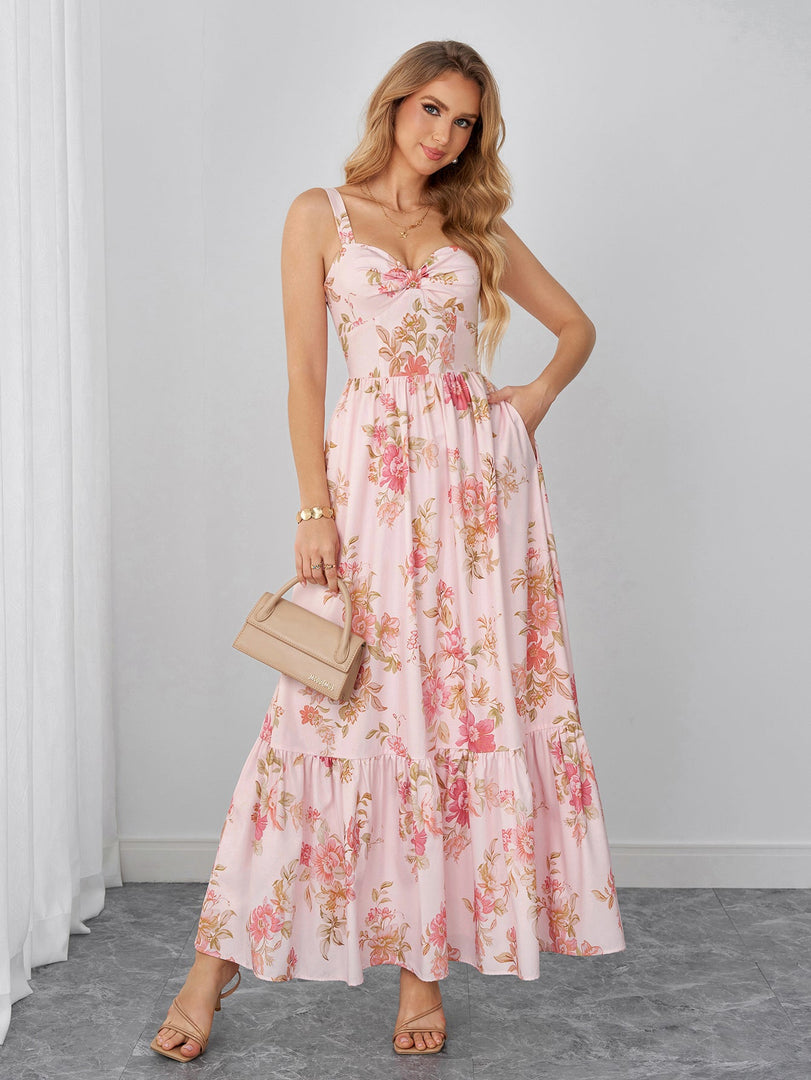 Backless Ruched Pocket Floral Print Maxi Dress | Wedding Guest Dress, Vacation Dress