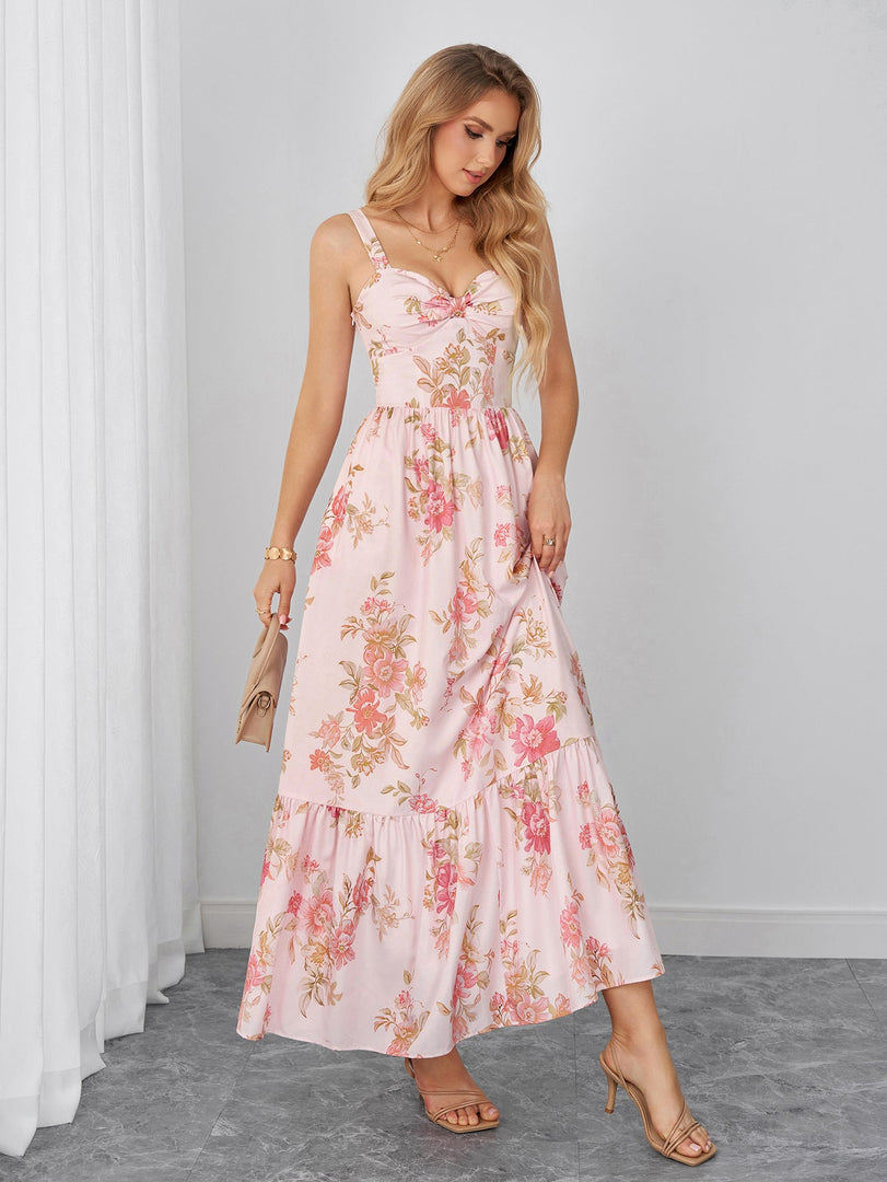 Backless Ruched Pocket Floral Print Maxi Dress | Wedding Guest Dress, Vacation Dress