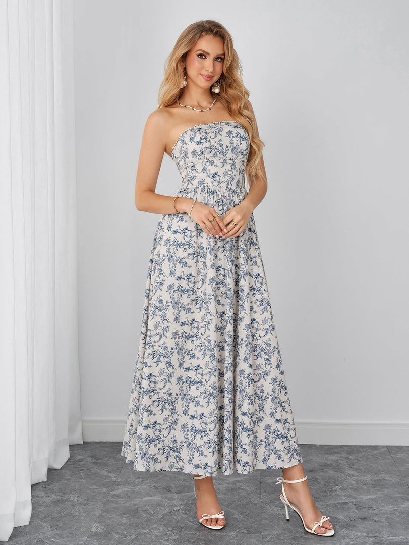 Backless Ruched Pocket Floral Print Tube Dress | Wedding Guest Dress, Vacation Dress