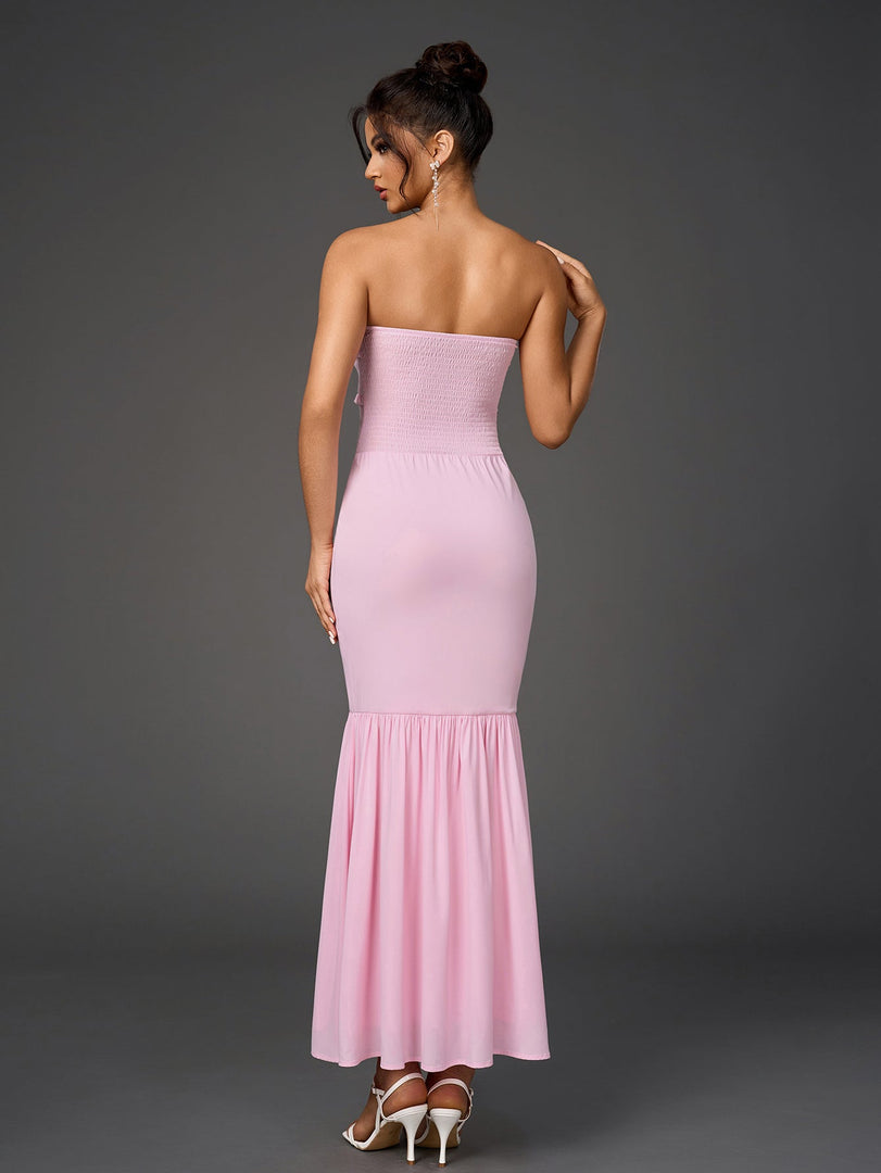 Backless Ruffle Trim Ruched Bodycon Tube Dress | Cocktail Dress