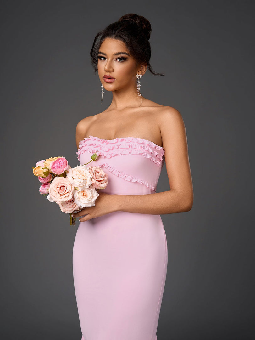 Backless Ruffle Trim Ruched Bodycon Tube Dress | Cocktail Dress