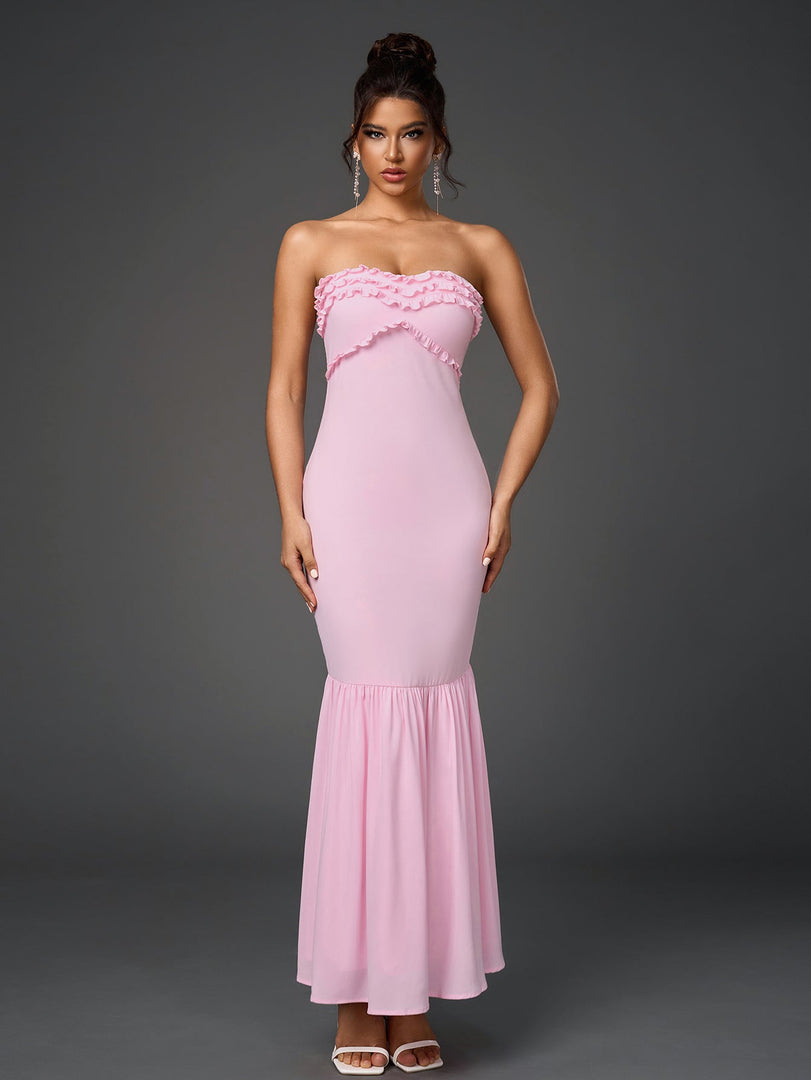 Backless Ruffle Trim Ruched Bodycon Tube Dress | Cocktail Dress