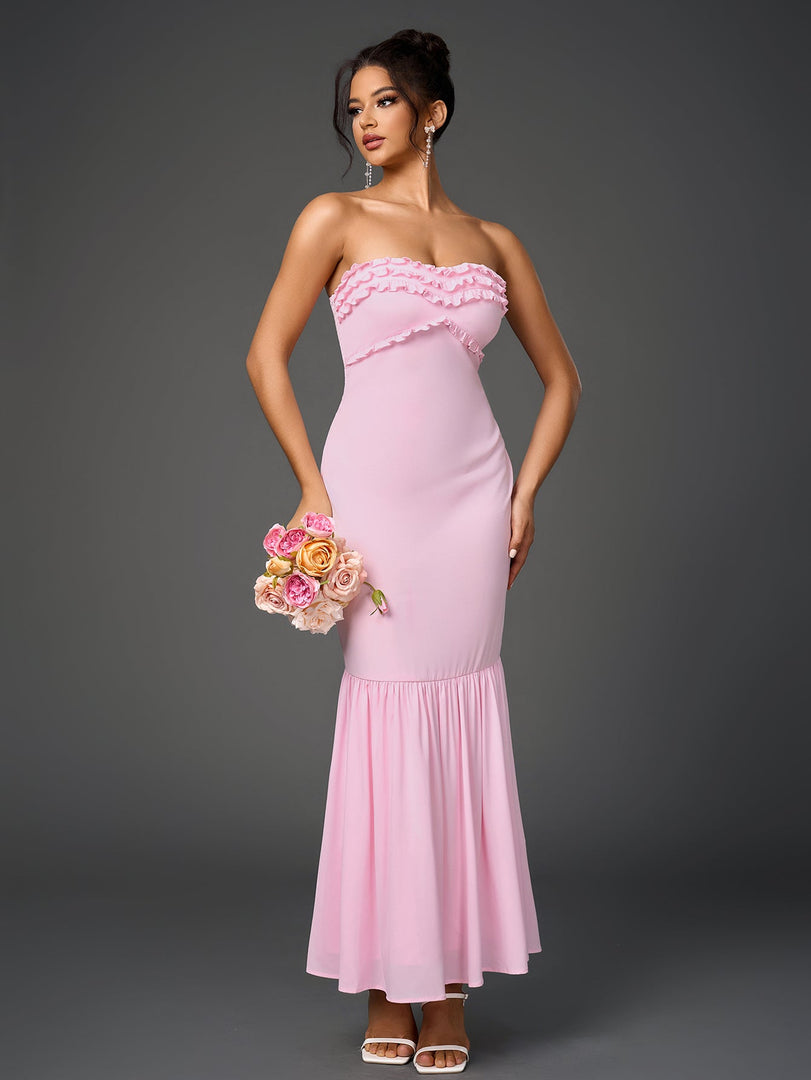 Backless Ruffle Trim Ruched Bodycon Tube Dress | Cocktail Dress