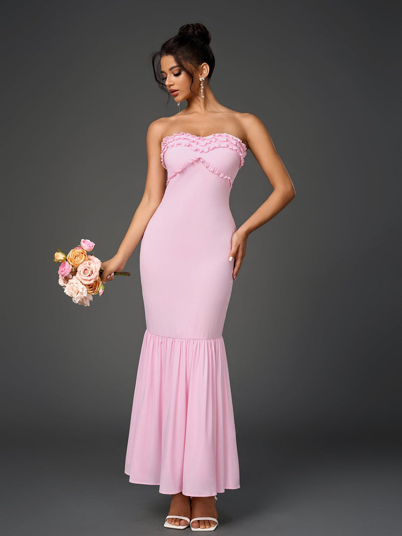 Backless Ruffle Trim Ruched Bodycon Tube Dress | Cocktail Dress