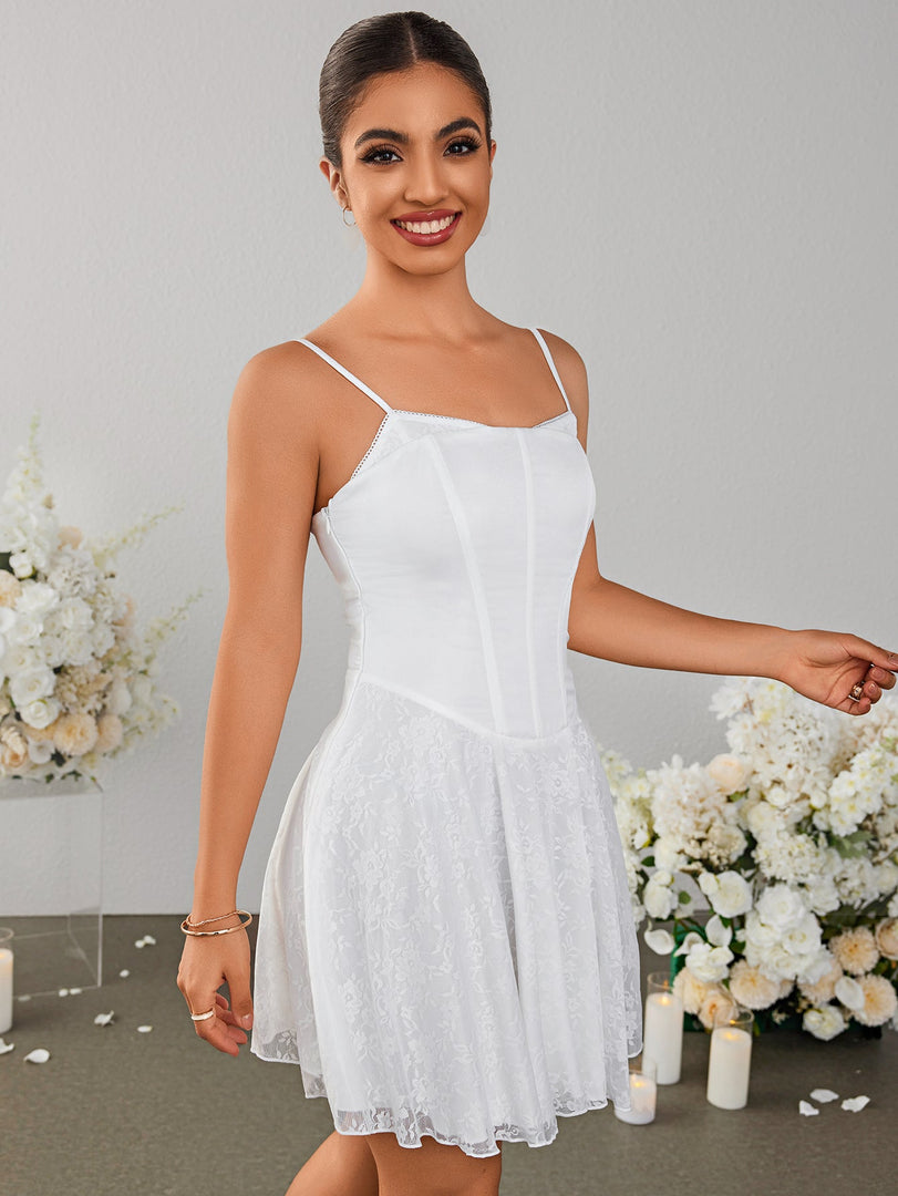 Backless Satin Patchwork Lace Hem Cami Dress | Formal Dress