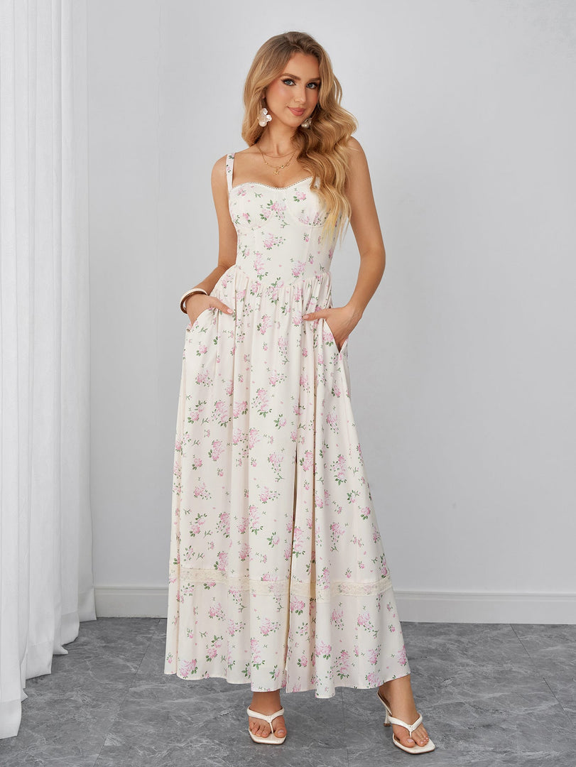 Backless Split Pocket Floral Print Maxi Dress | Wedding Guest Dress, Vacation Dress