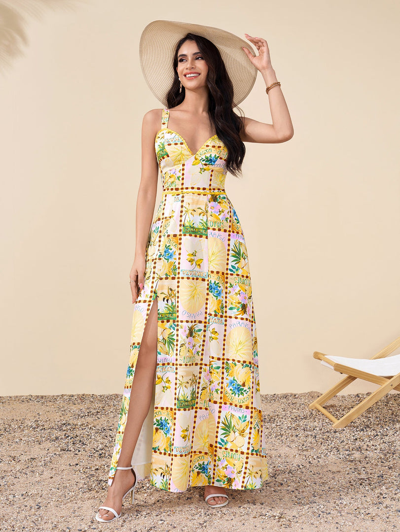 Backless Split Thigh Floral Print Maxi Dress | Wedding Guest Dress, Vacation Dress