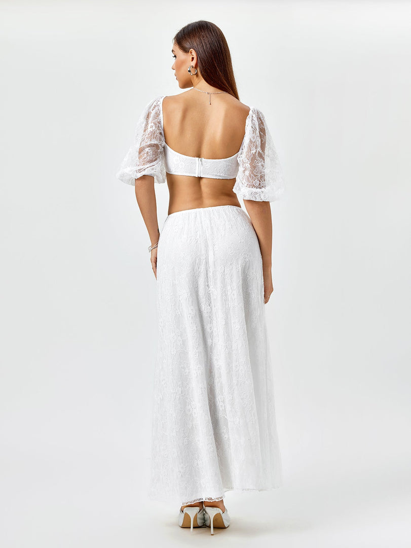 Backless Zipper Lace Crop Top&Lace A-Line Skirt | Vacation Two-Piece Set