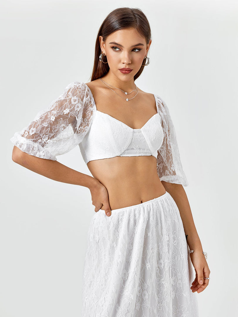 Backless Zipper Lace Crop Top&Lace A-Line Skirt | Vacation Two-Piece Set