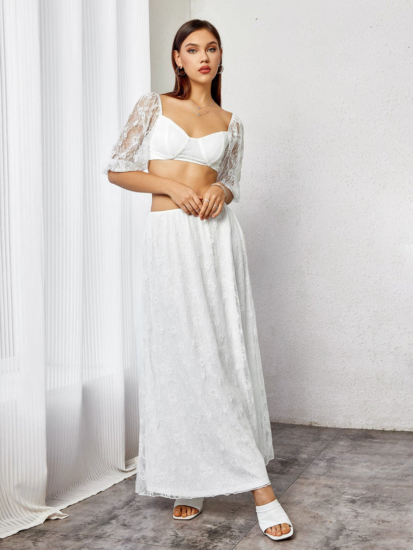 Backless Zipper Lace Crop Top&Lace A-Line Skirt | Vacation Two-Piece Set
