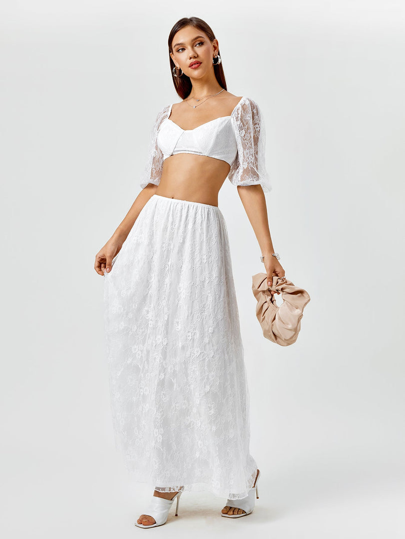 Backless Zipper Lace Crop Top&Lace A-Line Skirt | Vacation Two-Piece Set