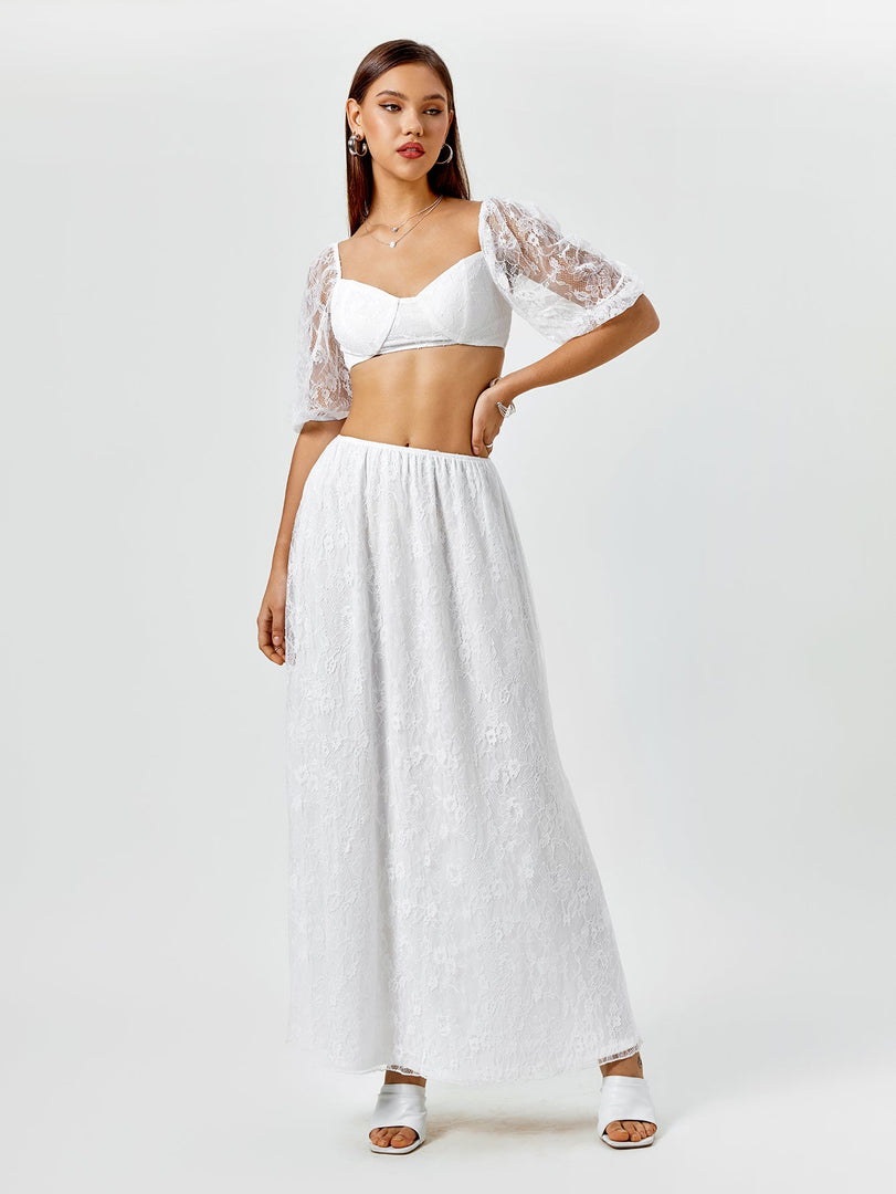 Backless Zipper Lace Crop Top&Lace A-Line Skirt | Vacation Two-Piece Set