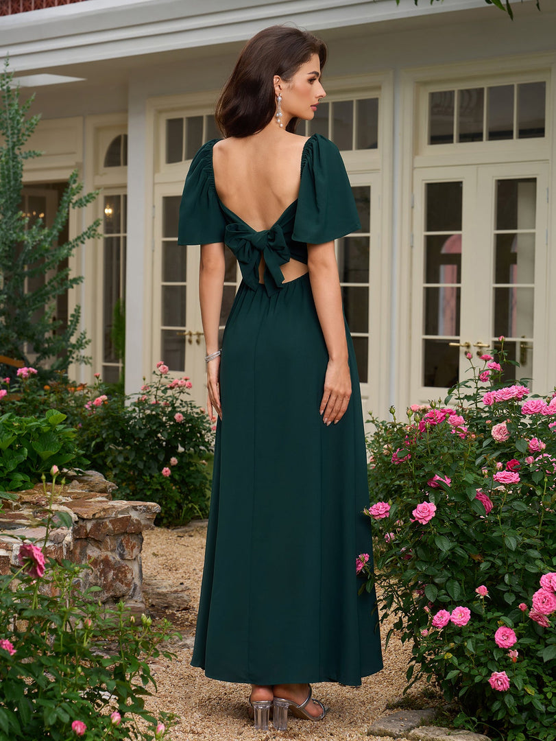 Batwing Sleeve V-Neck Bow Tie Back With Pockets Long Dress | Vacation Dress