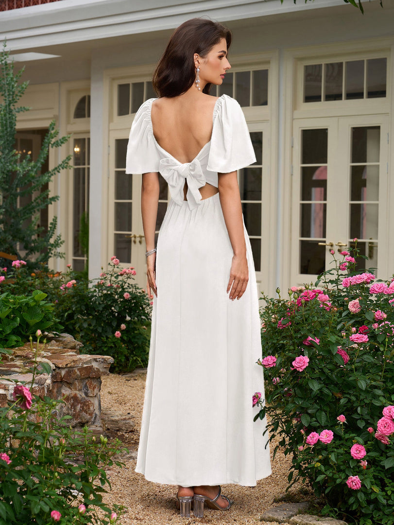 Batwing Sleeve V-Neck Bow Tie Back With Pockets Long Dress | Vacation Dress