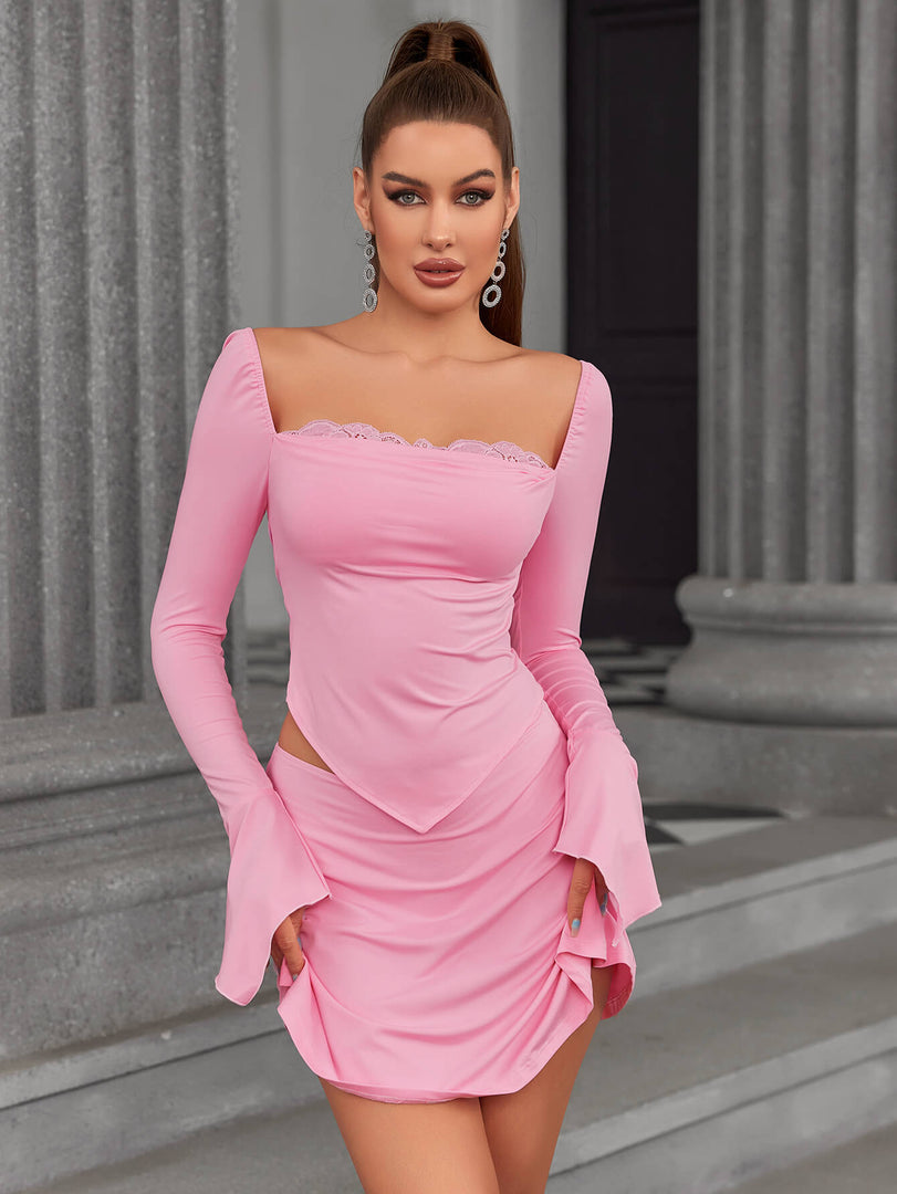 Bell Sleeve Backless Tie Back Top&Bodycon Skirt | Homecoming & Cocktail Party Two-Piece Set
