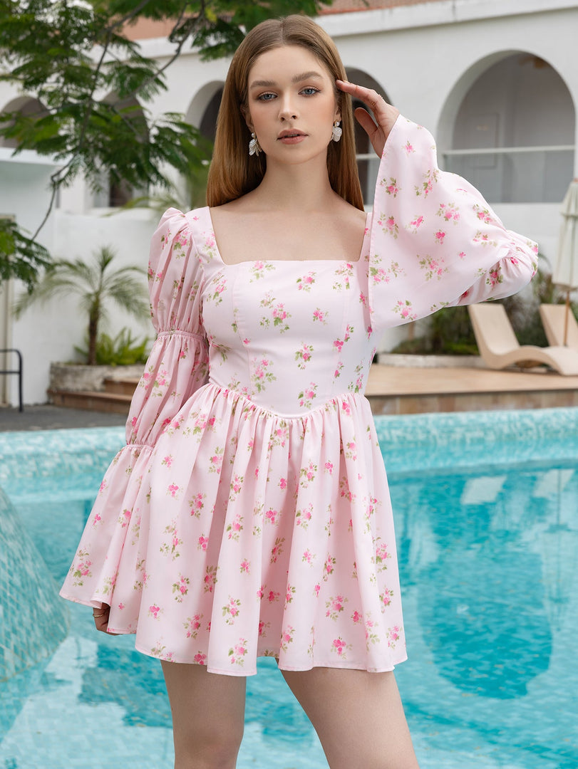 Bell Sleeve Ruched Floral Print Mini Dress | Wedding Guest Dress, Vacation Dress