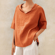 Women's Linen Tunic Top Hooded Elbow Sleeve Side Slit Relaxed Style
