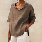 Load image into Gallery viewer, Women's Linen Tunic Top Hooded Elbow Sleeve Side Slit Relaxed Style
