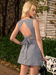 Bow Tie Back Cut Out Plaid Print Sleeveless Dress | Wedding Guest Dress, Vacation Dress