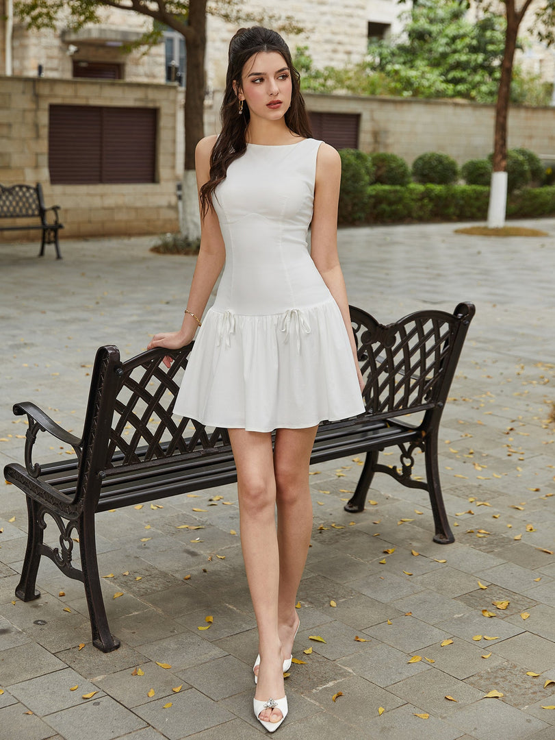Bow Tie Embellished Sleeveless Pleated Mini Dress | Homecoming Dress