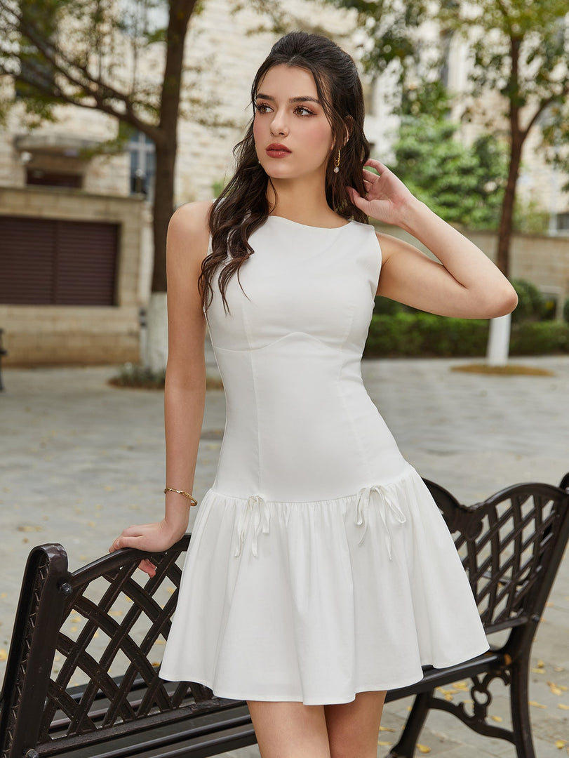 Bow Tie Embellished Sleeveless Pleated Mini Dress | Homecoming Dress