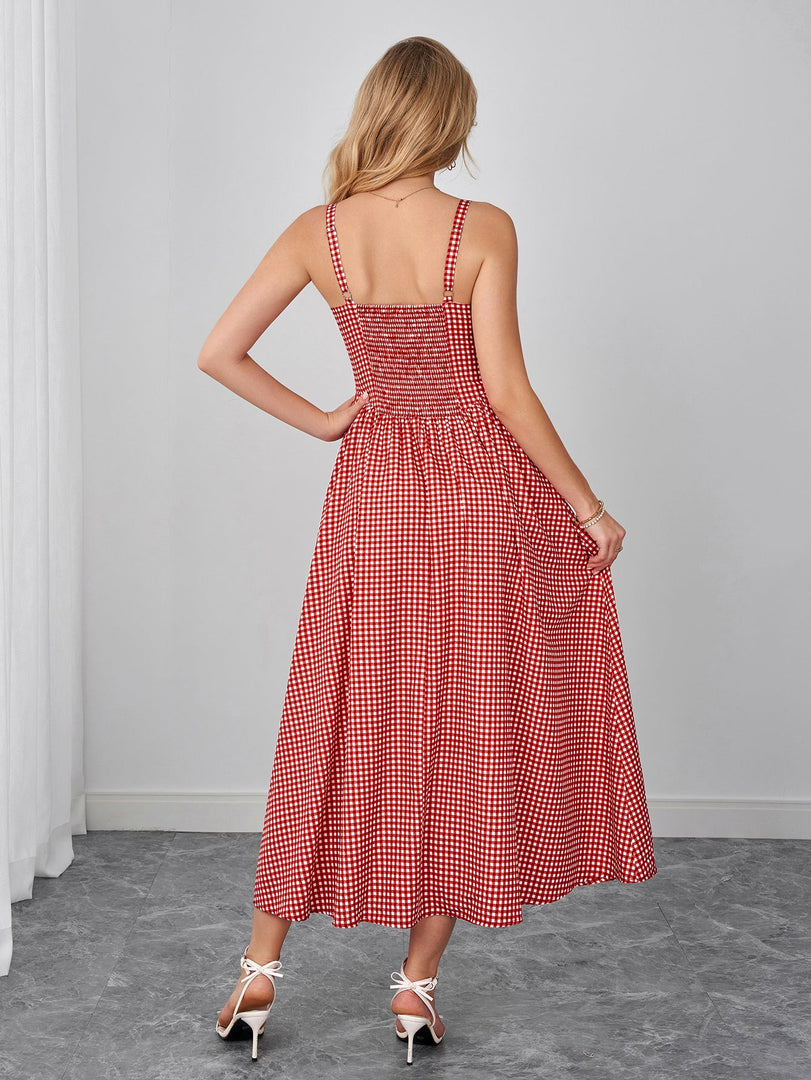 Bow Tie Front Backless Pocket Plaid Print Dress | Wedding Guest Dress, Vacation Dress