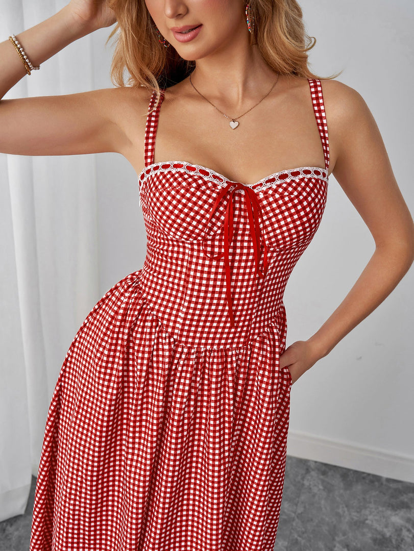 Bow Tie Front Backless Pocket Plaid Print Dress | Wedding Guest Dress, Vacation Dress