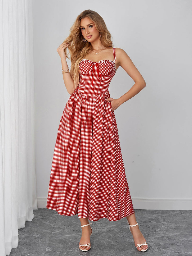 Bow Tie Front Backless Pocket Plaid Print Dress | Wedding Guest Dress, Vacation Dress
