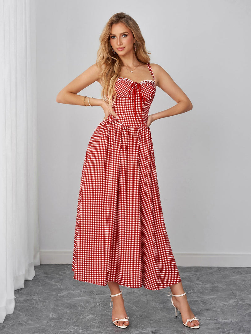 Bow Tie Front Backless Pocket Plaid Print Dress | Wedding Guest Dress, Vacation Dress