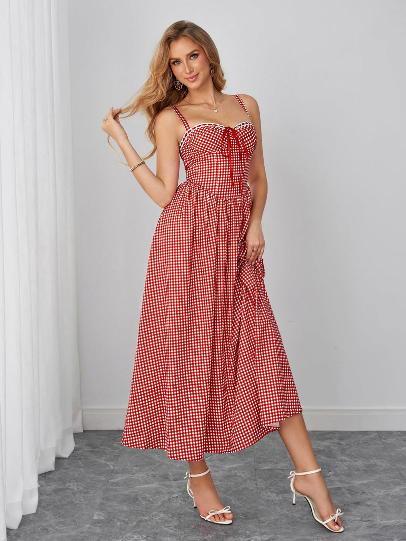 Bow Tie Front Backless Pocket Plaid Print Dress | Wedding Guest Dress, Vacation Dress