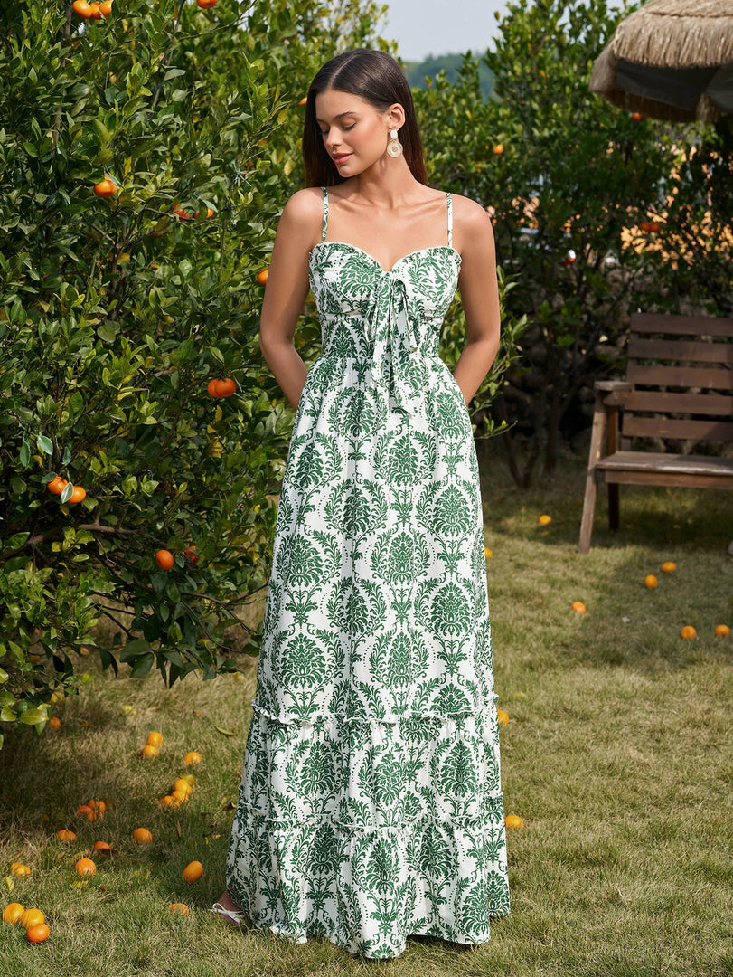 Bow Tie Front Flounce Trim Pocket Floral Print Dress | Wedding Guest Dress, Vacation Dress