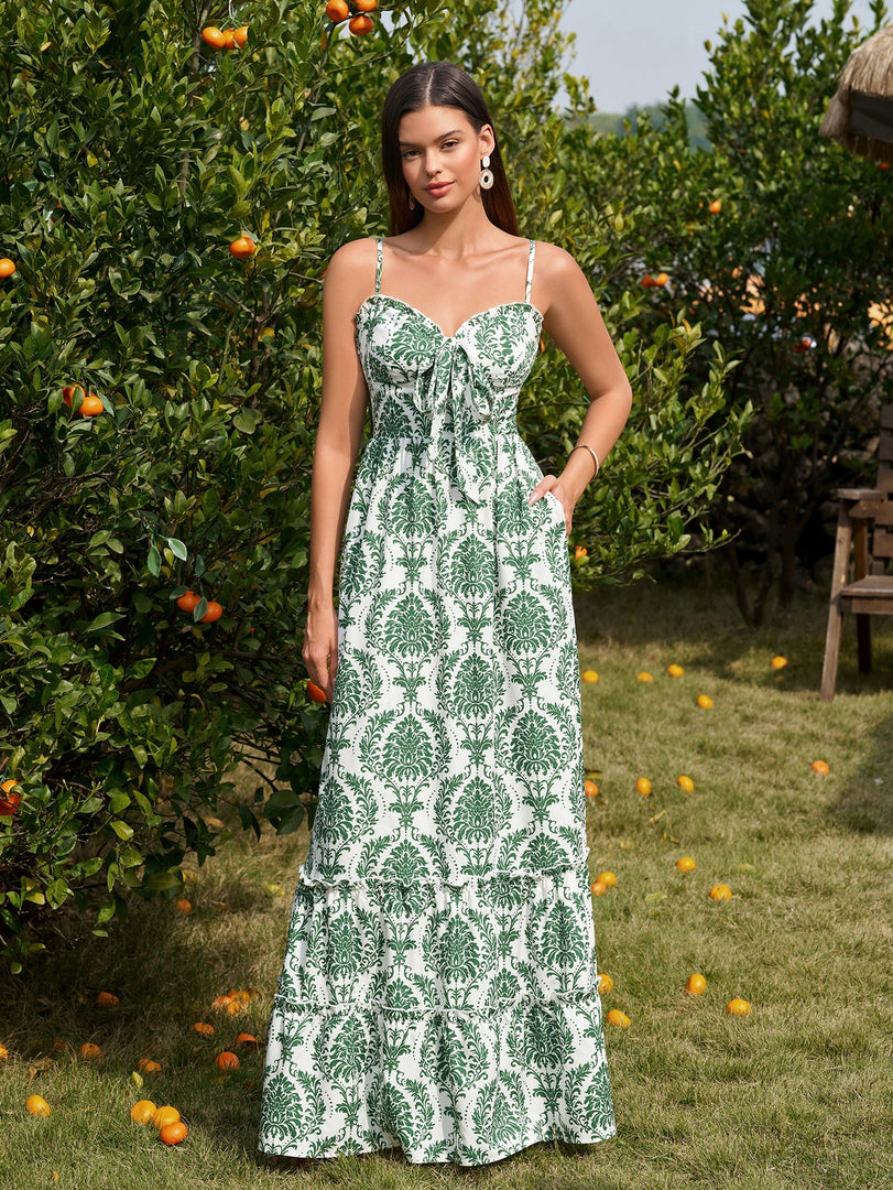 Bow Tie Front Flounce Trim Pocket Floral Print Dress | Wedding Guest Dress, Vacation Dress