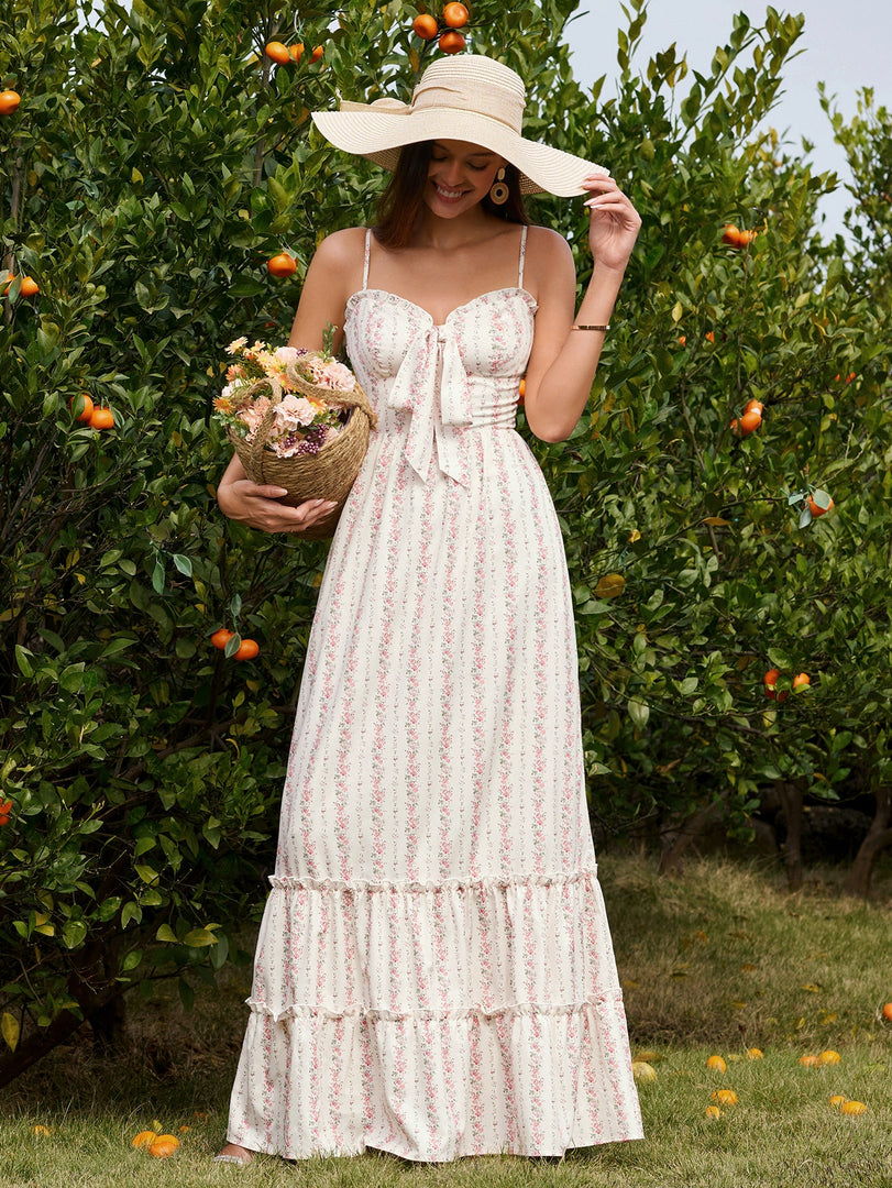 Bow Tie Front Flounce Trim Pocket Floral Print Dress | Wedding Guest Dress, Vacation Dress
