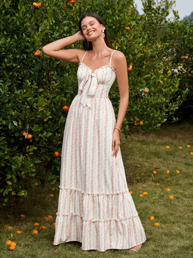 Bow Tie Front Flounce Trim Pocket Floral Print Dress | Wedding Guest Dress, Vacation Dress