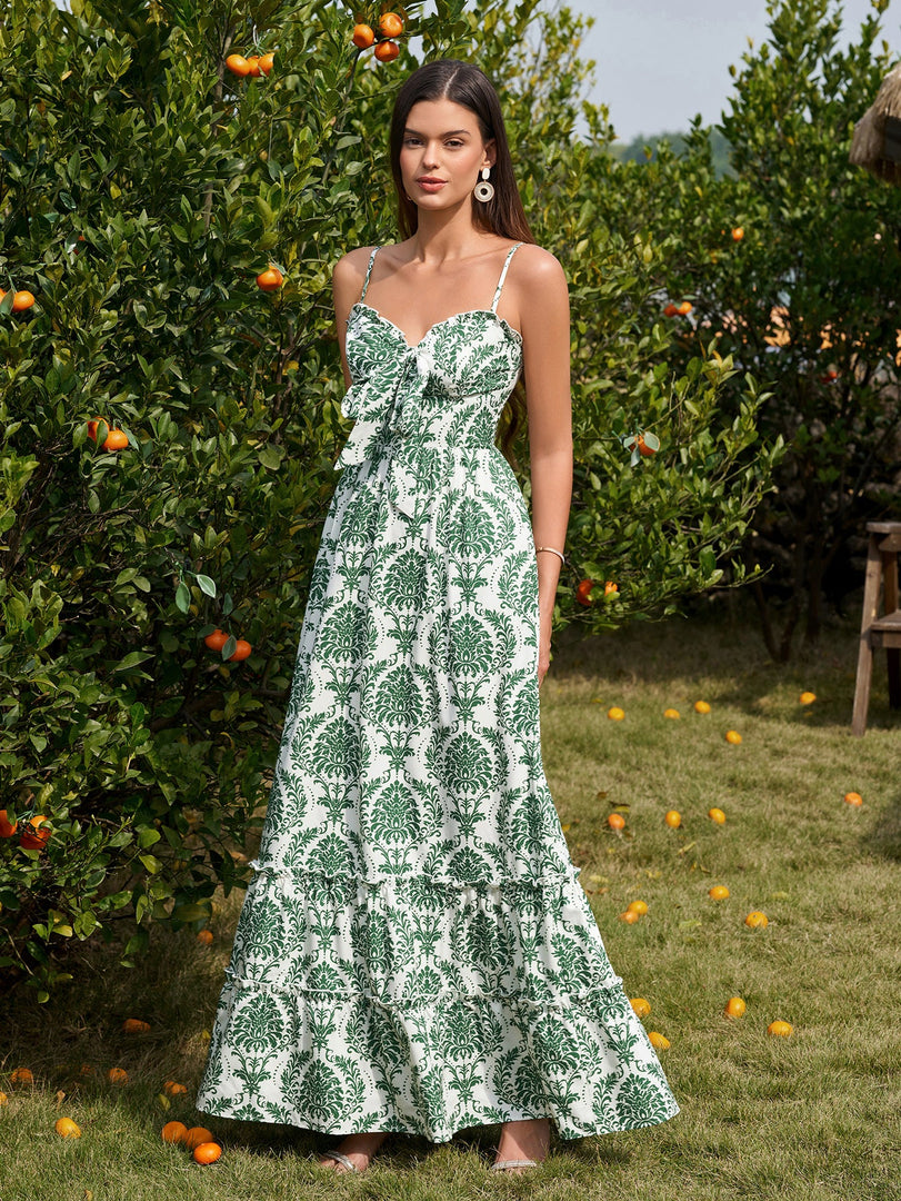 Bow Tie Front Flounce Trim Pocket Floral Print Dress | Wedding Guest Dress, Vacation Dress