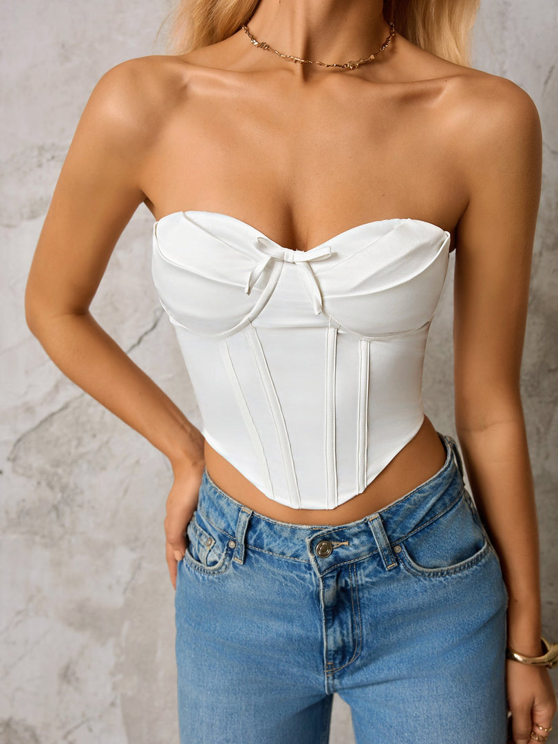 Bow Tie Front Zipper Back Asymmetrical Hem Tube Top | Formal Event Top