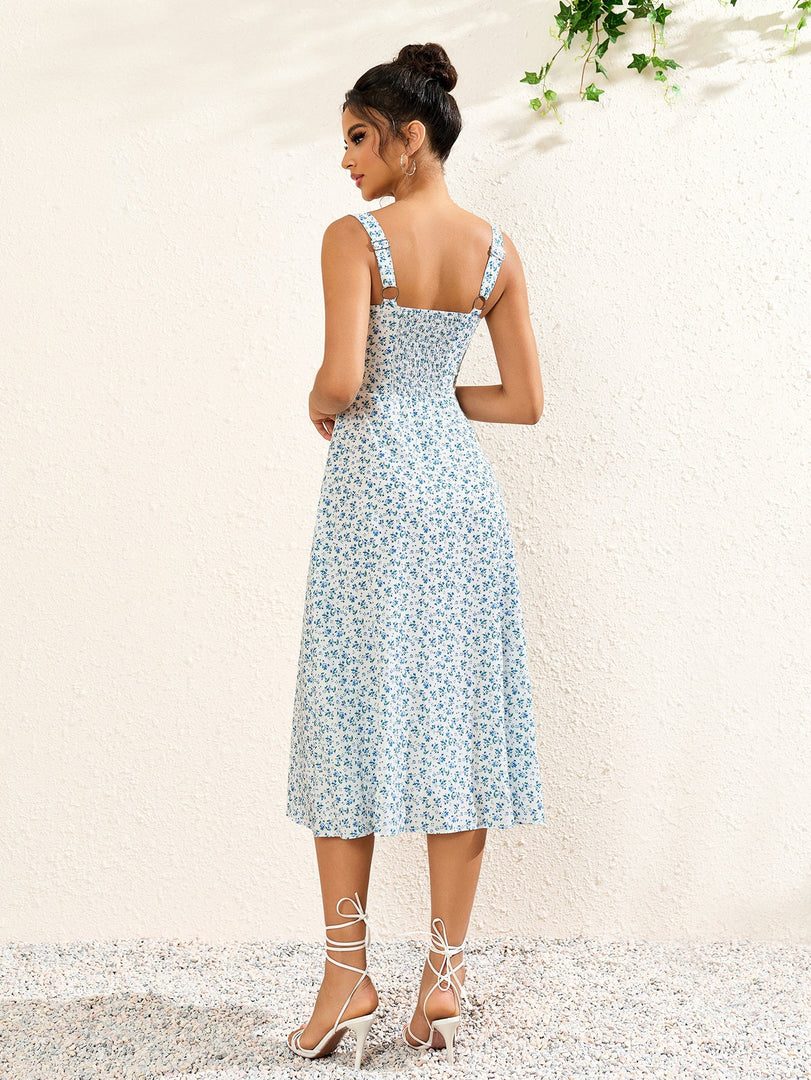 Button Bust Ruched Floral Print Midi Dress | Wedding Guest Dress, Vacation Dress