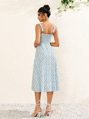 Button Bust Ruched Floral Print Midi Dress | Wedding Guest Dress, Vacation Dress