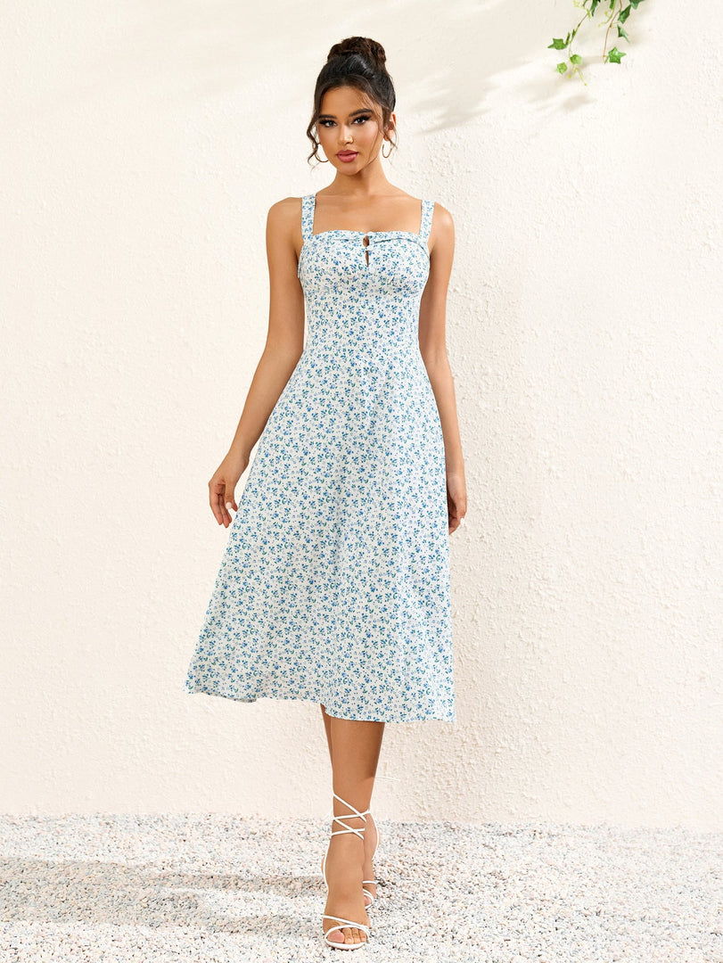 Button Bust Ruched Floral Print Midi Dress | Wedding Guest Dress, Vacation Dress